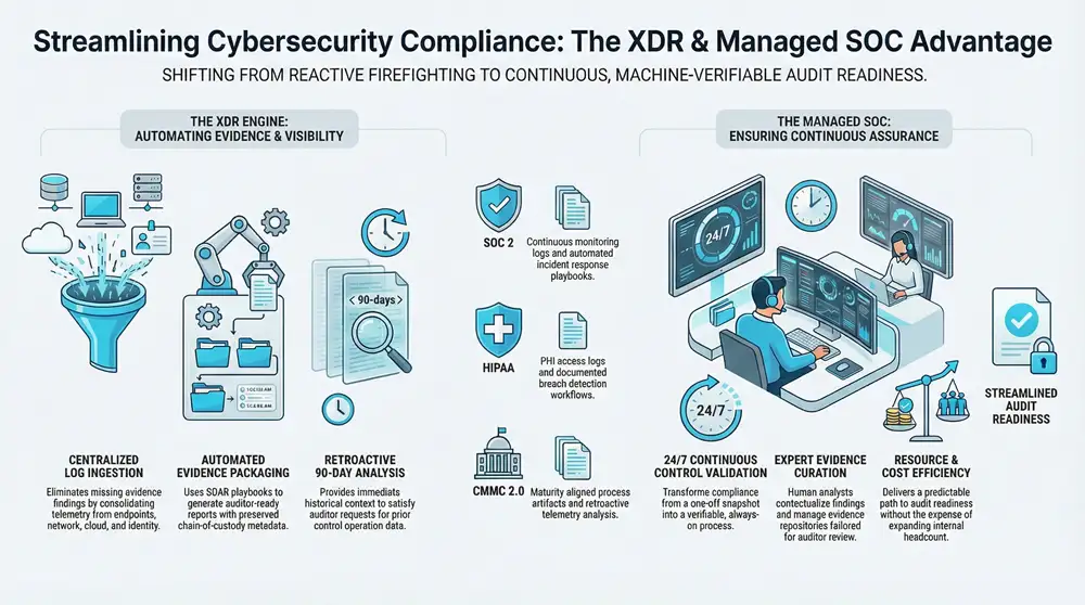 Infographic about Cybersecurity Compliance Audits with XDR & SOC